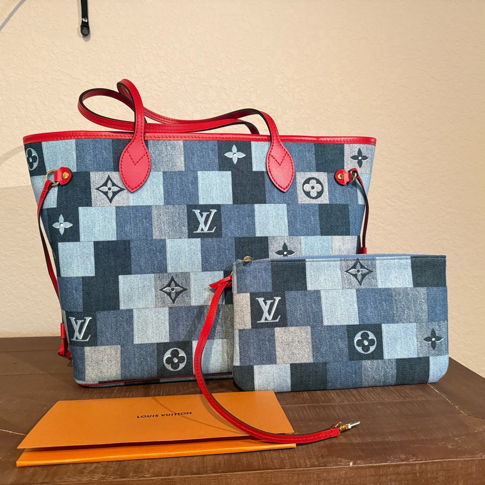 Louis Vuitton Blue Patchwork Denim Neverfull Tote… - image 1